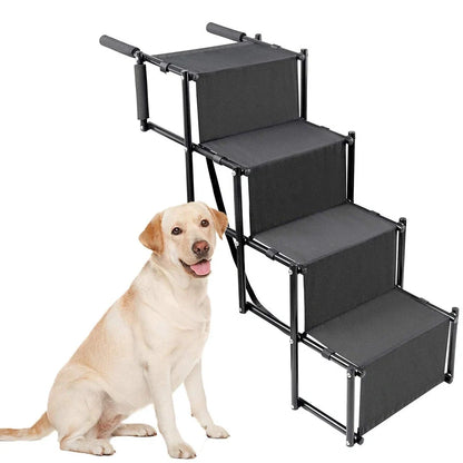 Black folding pet car steps with steel frame and Oxford cloth steps, folded to 101x76x45cm