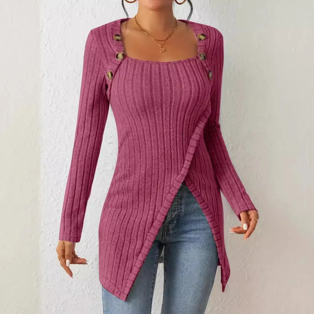 Women's square collar knitted top with button design in various colors
