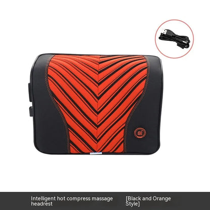 Black and orange electric massage heating car headrest and lumbar support cushion on a vehicle seat.