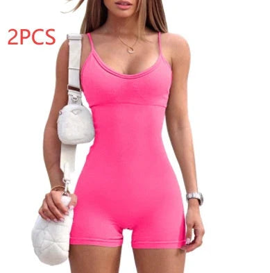 Stylish spaghetti strap jumpsuit in various vibrant colors, perfect for yoga, workouts, and everyday wear.