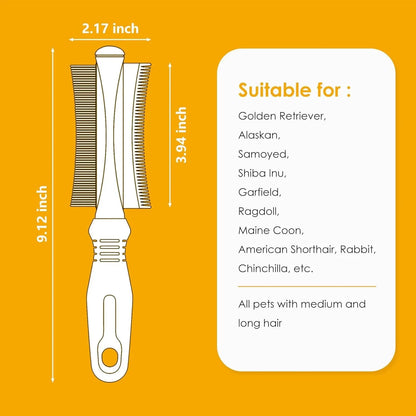 White 2-in-1 dog and cat deshedding brush with curved comb and anti-slip handle for grooming