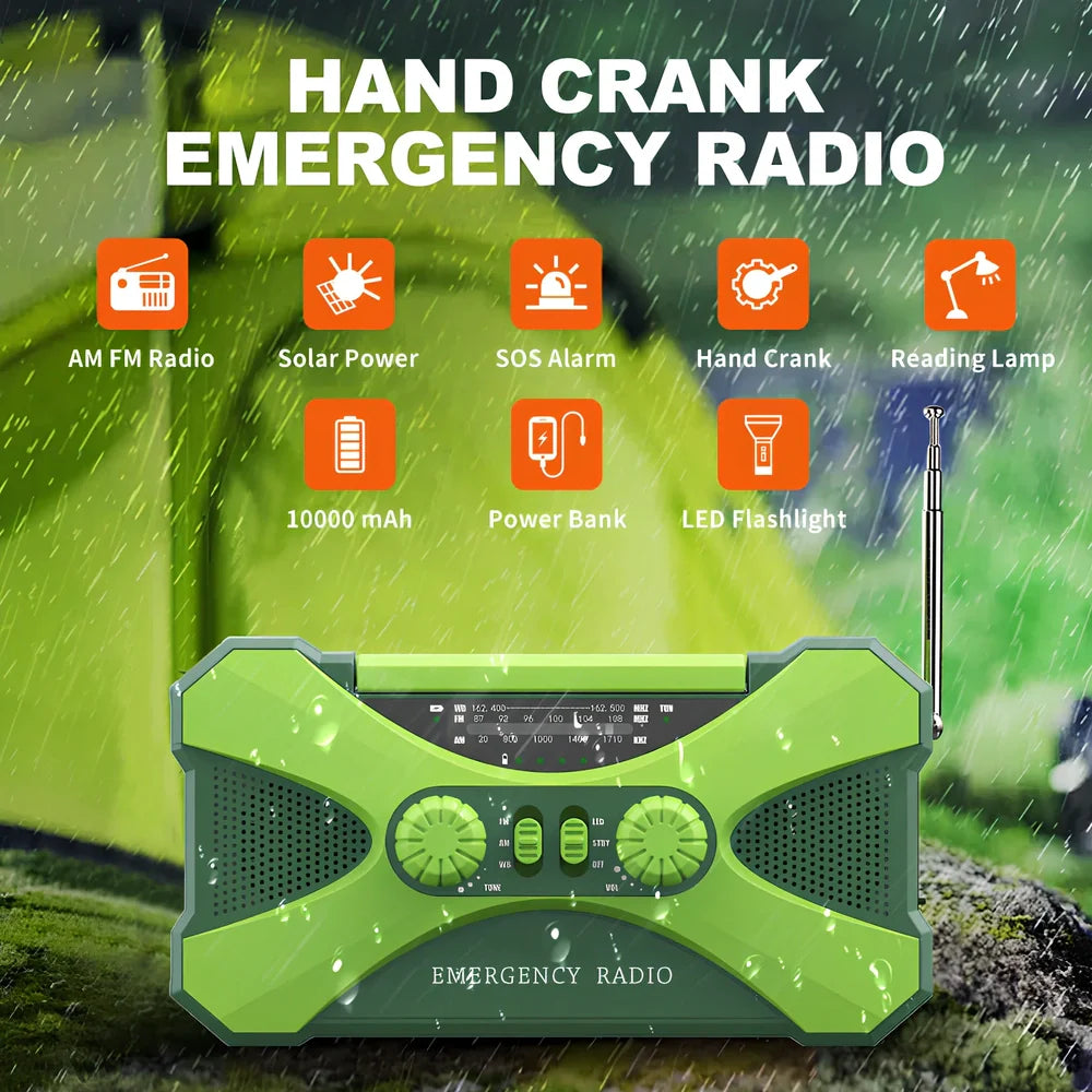 Green 3-in-1 portable emergency radio with hand crank, solar panel, reading lamp, and telescopic antenna