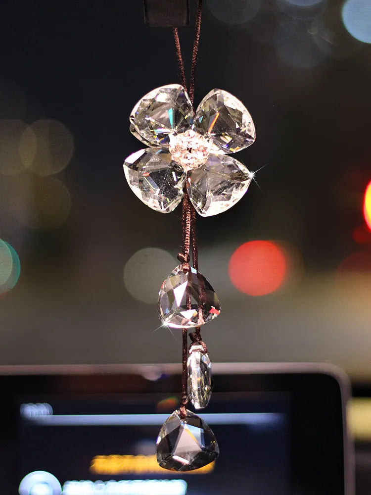 Crystal four leaf grass car interior pendant in transparent, champagne, black, or shiny finish, approximately 20cm long.