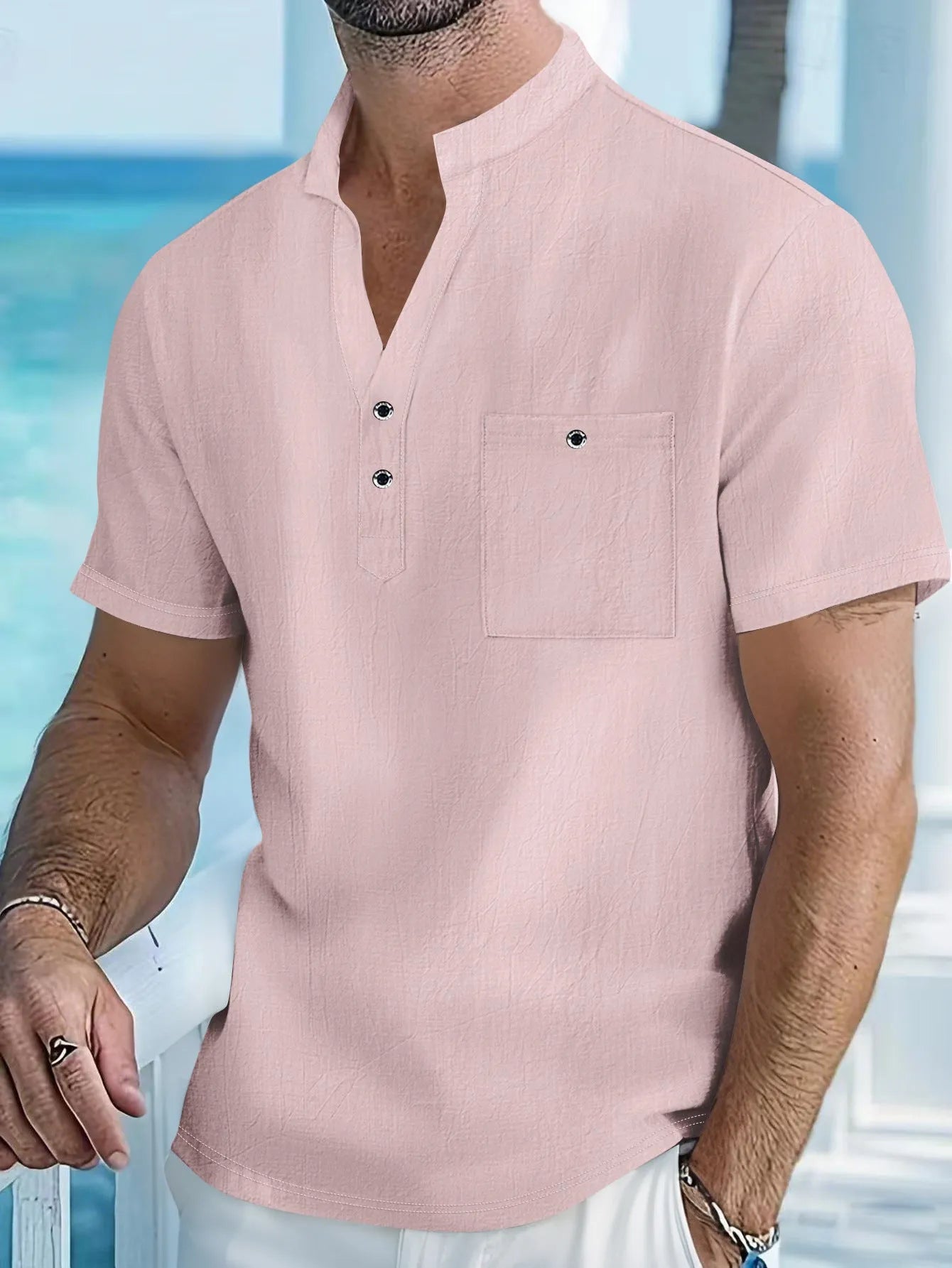 Stand collar linen T-shirt for men in loose pullover style with short sleeves, showing hemp-blended fabric texture