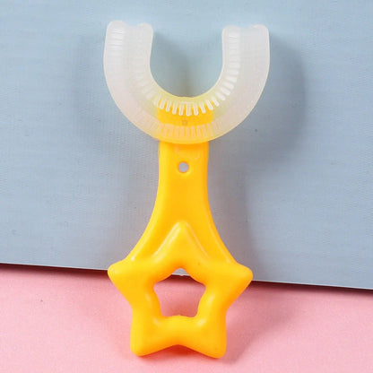 U-shaped baby toothbrush in soft silicone for kids, available in multiple colors