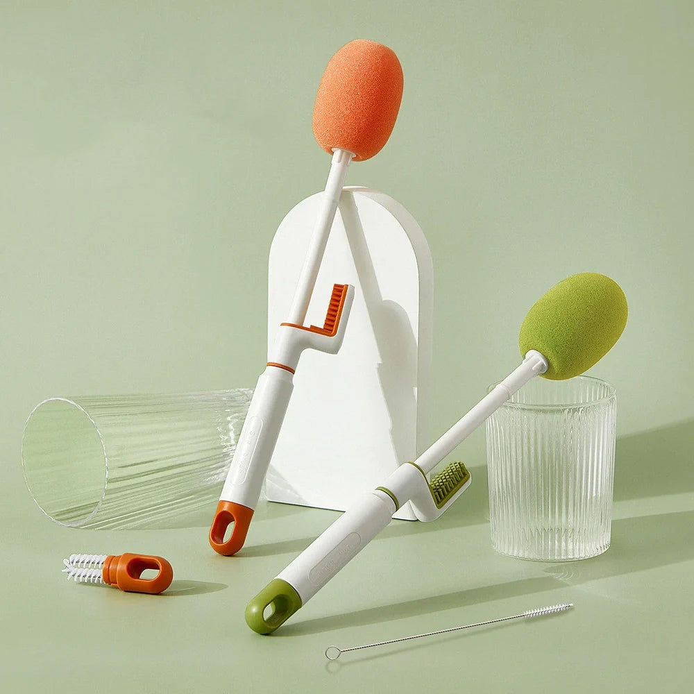 Long handle cup brush with 30cm reach for cleaning narrow bottles in orange and army green colours