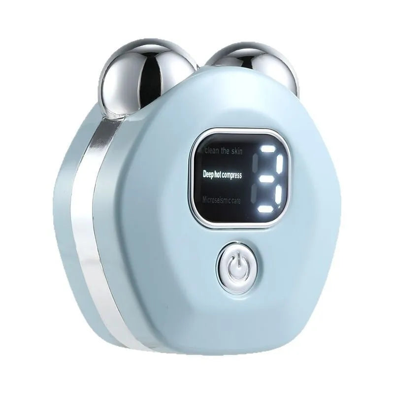 White portable micro current massage instrument with double-roller design and hot compress function for skin rejuvenation