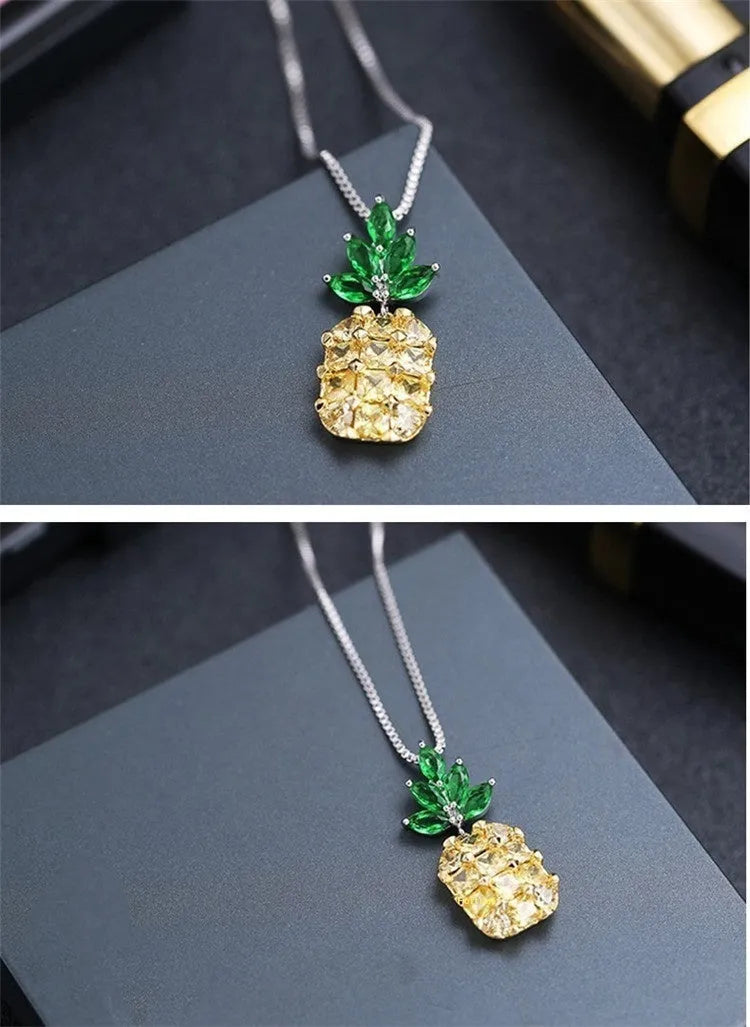 Geometric pineapple pendant necklace with silver and copper white gold plated finish on model