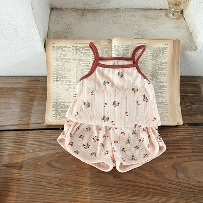 Children's cotton corduroy pajama set with cartoon print in olive, floral, lemon, or peach colours