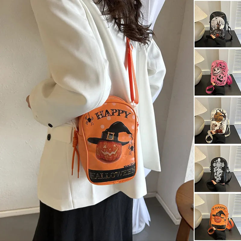 Halloween graffiti print crossbody bag in black with pumpkin, ghost, and bat designs, measuring 14x23x9.5cm