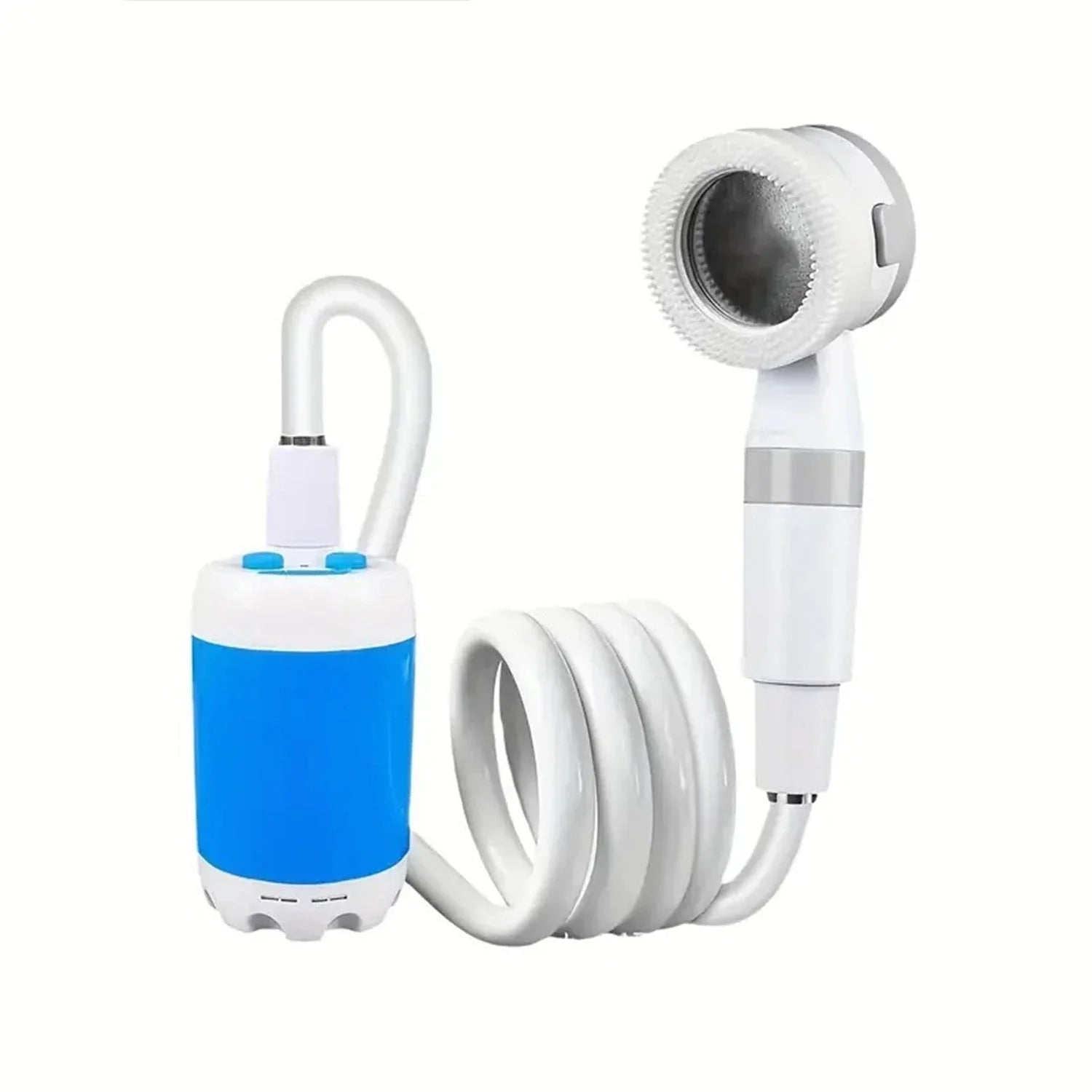 Rechargeable portable outdoor shower with adjustable water flow and spray settings for camping, hiking, and travel