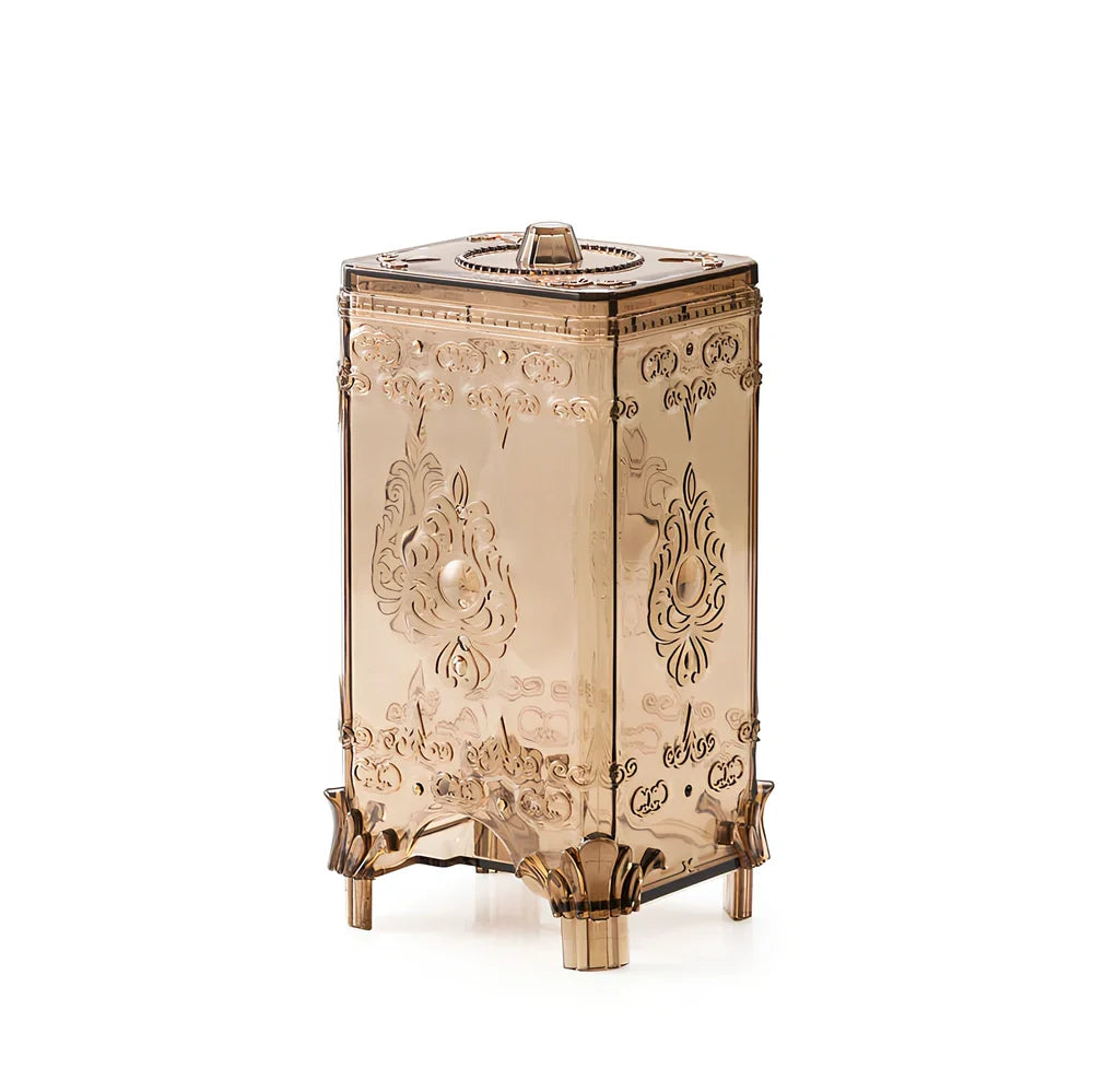 Pink cosmetics storage box with covered lid showing 45-litre capacity for makeup organisation