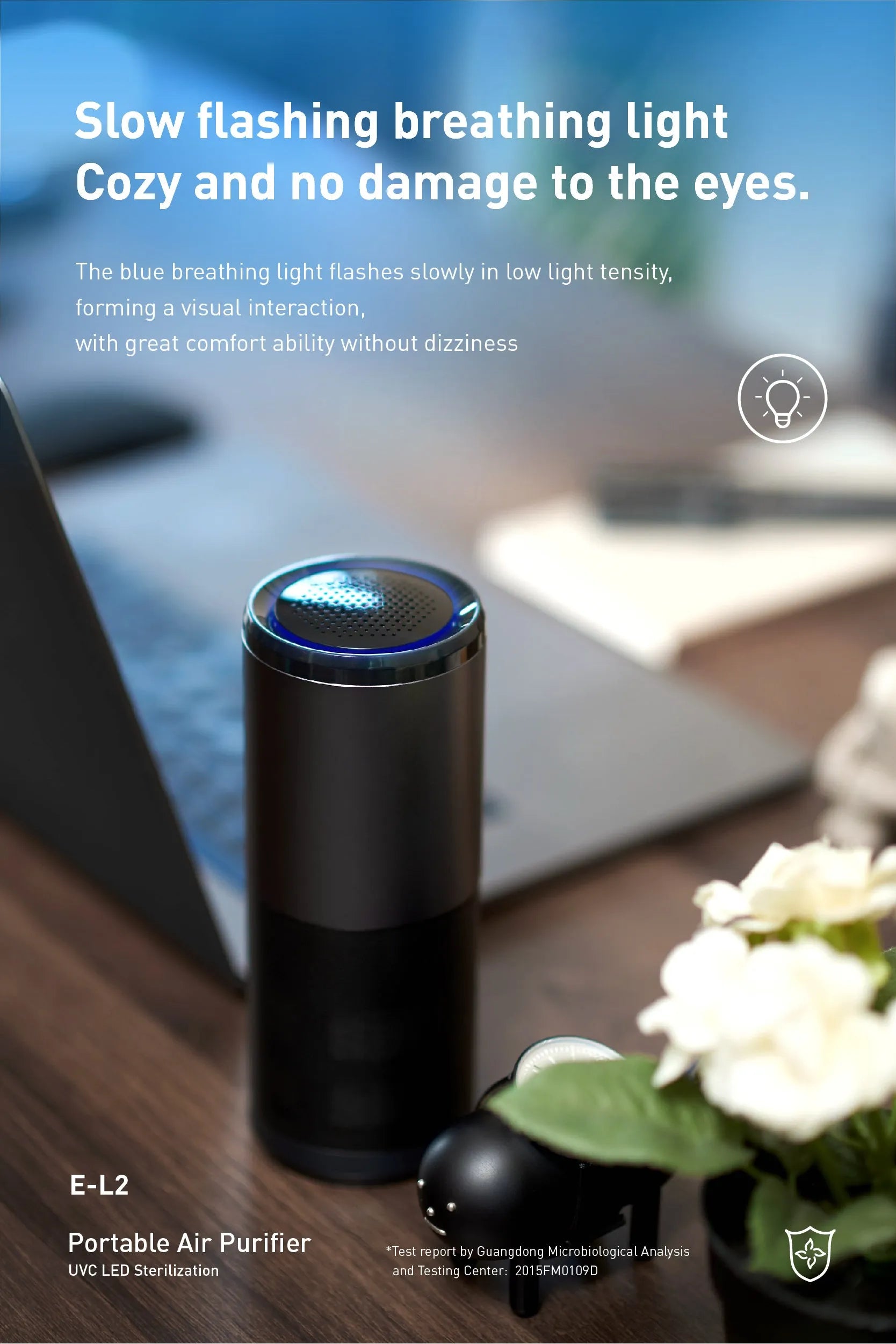 Portable mini car air purifier in black colour with smart sensor display, measuring 6.2 by 17.2 centimetres