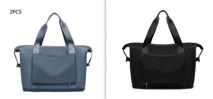 Roomy and foldable gym bag for women with waterproof Oxford fabric, multiple pockets, and wet/dry separation compartment