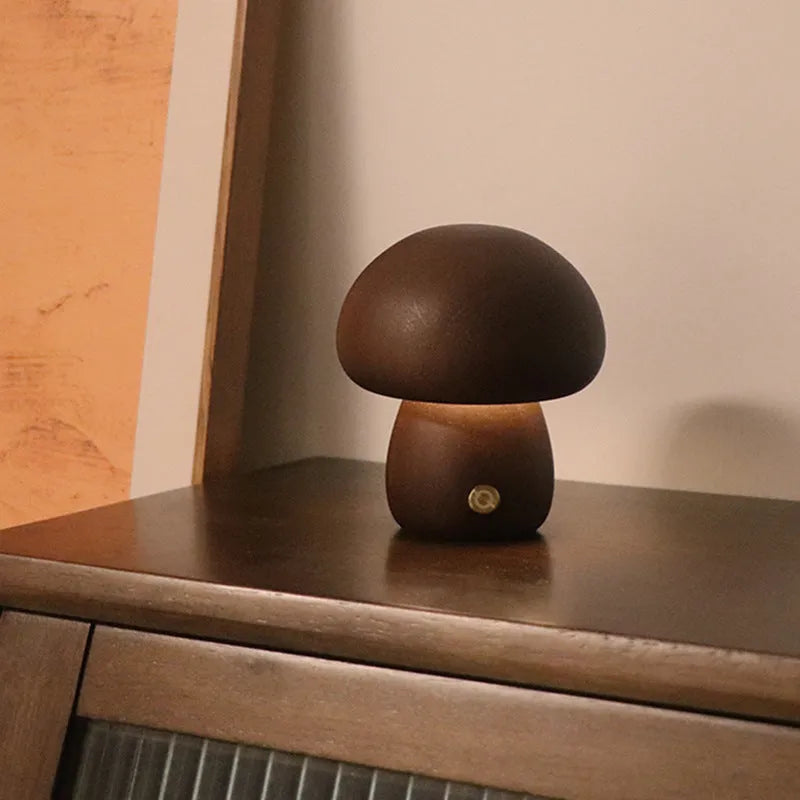Wooden mushroom LED night light with touch switch, 165 x 100mm, in beech or walnut colour for bedside table use