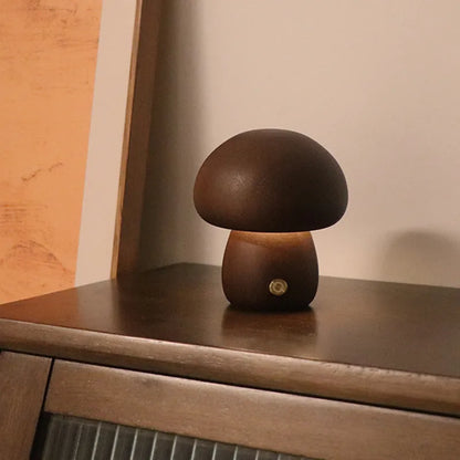 Wooden mushroom LED night light with touch switch, 165 x 100mm, in beech or walnut colour for bedside table use