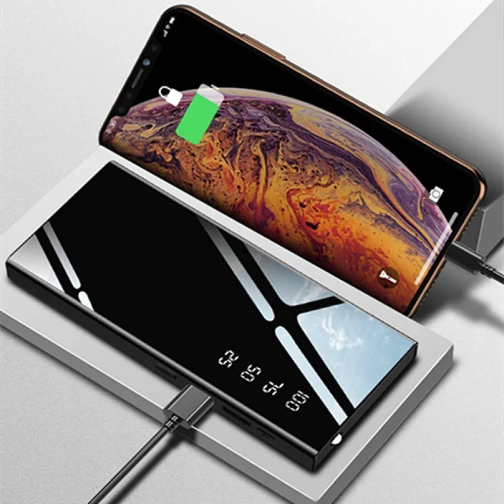 Black 20000mAh power bank with LCD display showing battery percentage and dual USB ports