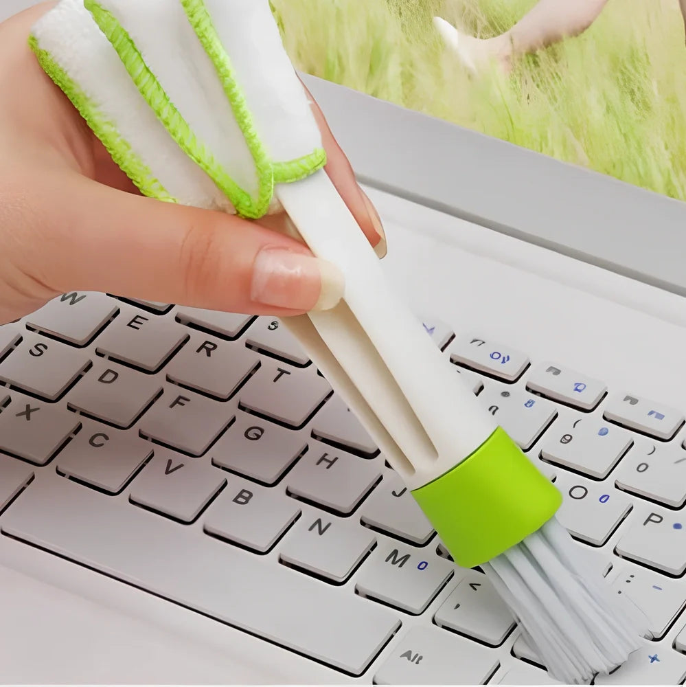 Green double-headed cleaning brush with fine fibre bristles for dust removal