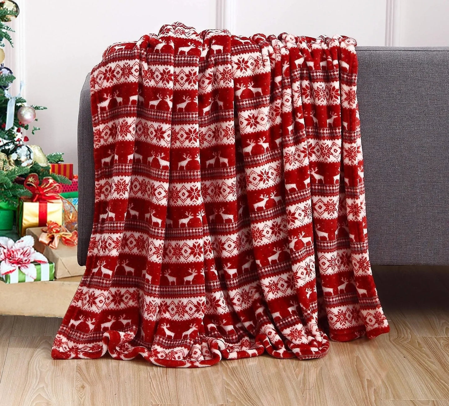 Double-sided flannel Christmas blanket with elk snowman Santa print in four sizes from 75cm to 200cm
