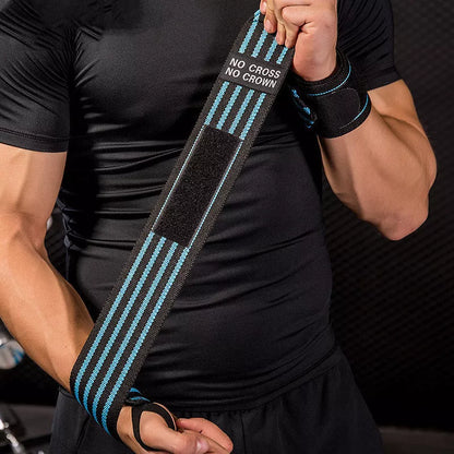 Adjustable nylon weightlifting wristband in red, orange, blue, and yellow