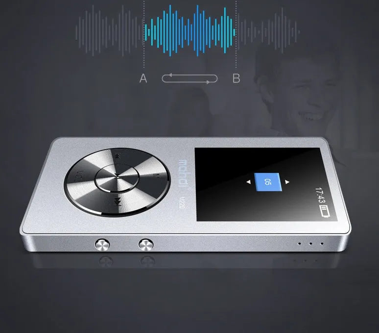 Compact silver metal MP3 music player with 1.8-inch screen showing music menu, beside headphones.