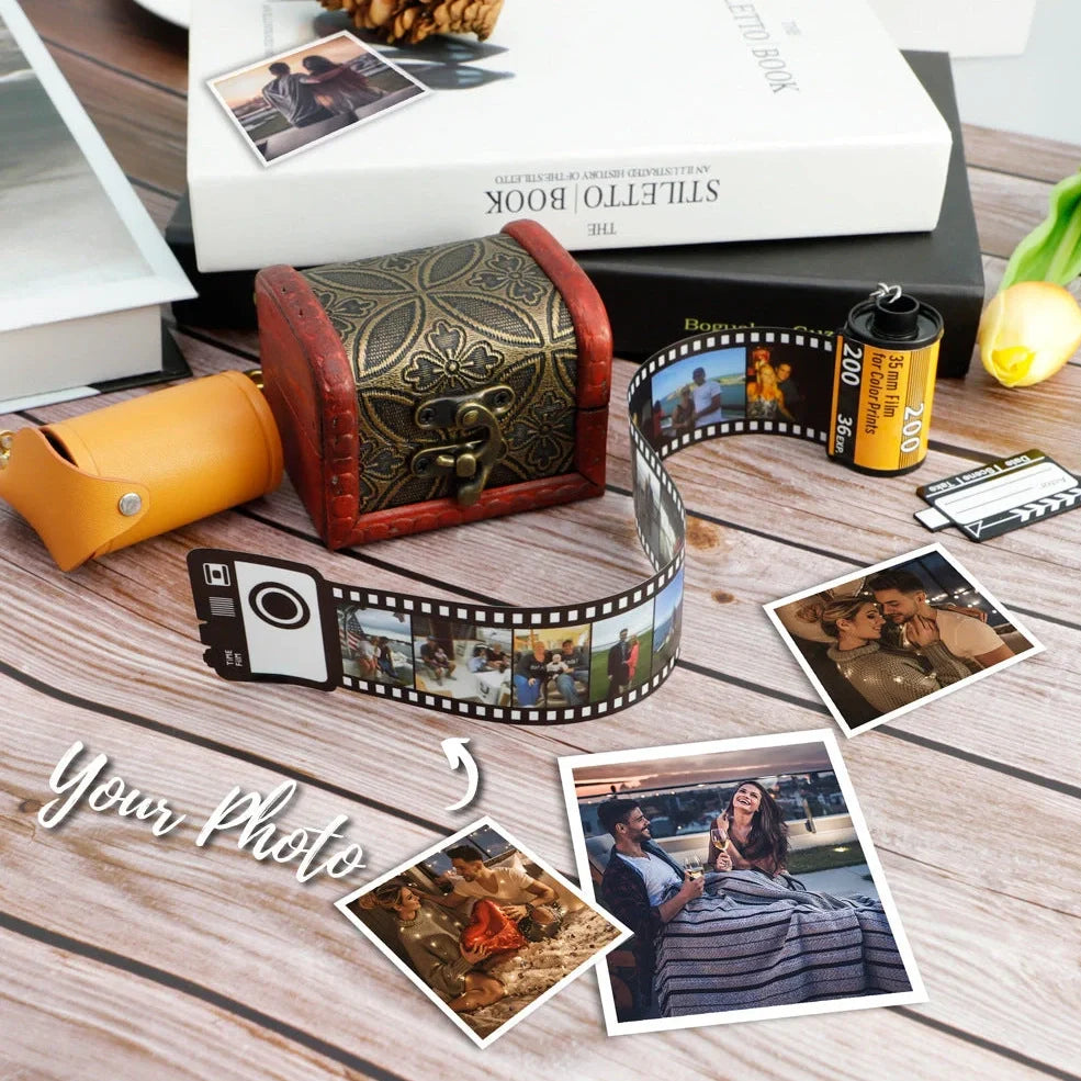 Yellow plastic film roll keychain with custom photo insertion compartment measuring 7cm