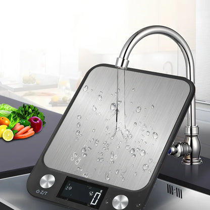 Stainless steel digital kitchen scale with LCD display showing weight measurement