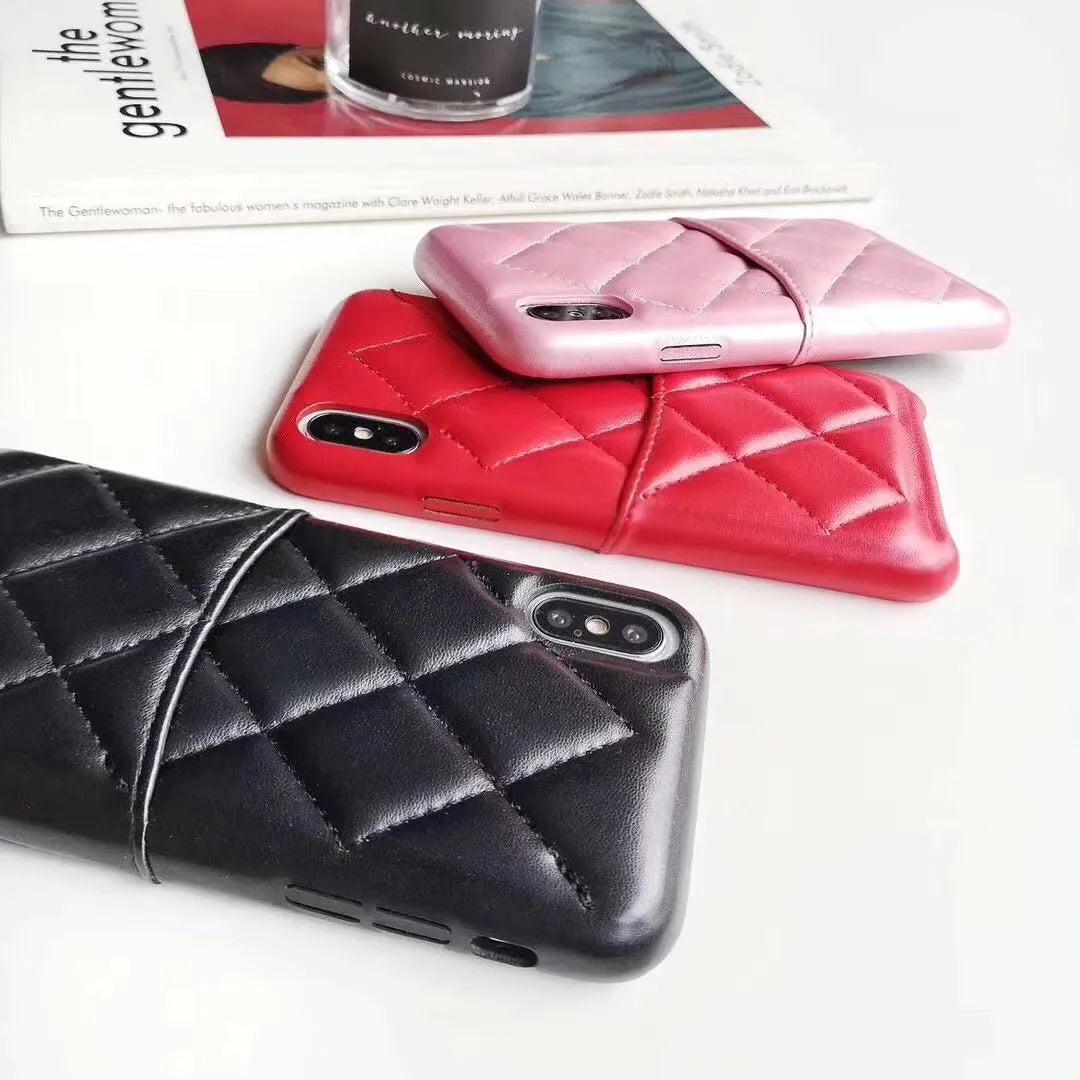 Leather mobile phone case for iPhone XS Max in black, pink, and red colour options.