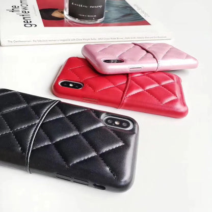 Leather mobile phone case for iPhone XS Max in black, pink, and red colour options.