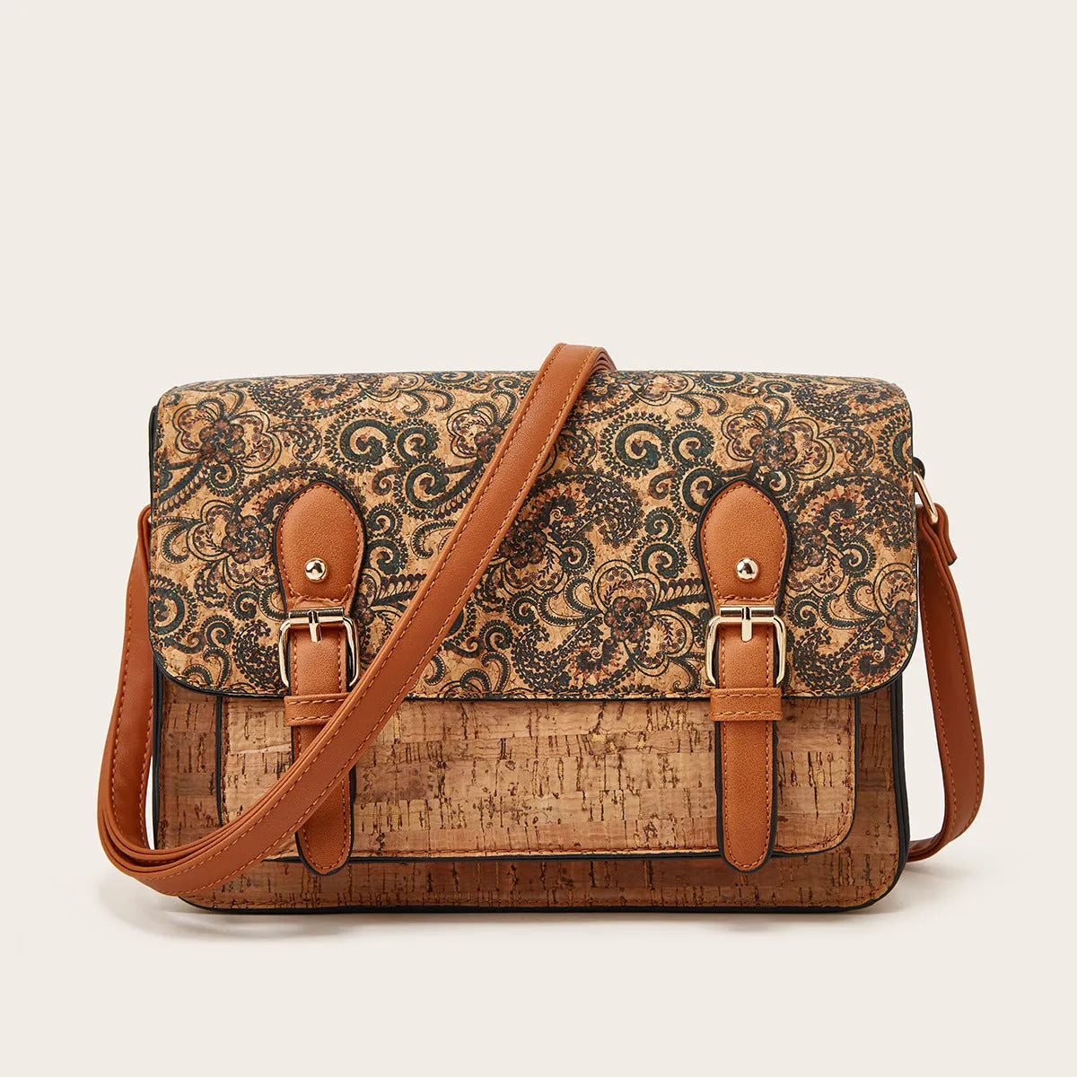 Women's one-shoulder crossbody bag with printed design in green colour, showing large capacity and single strap.