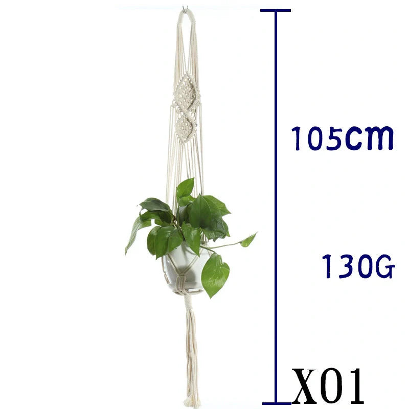 Beige cotton rope hanging basket with various styles for indoor plant display