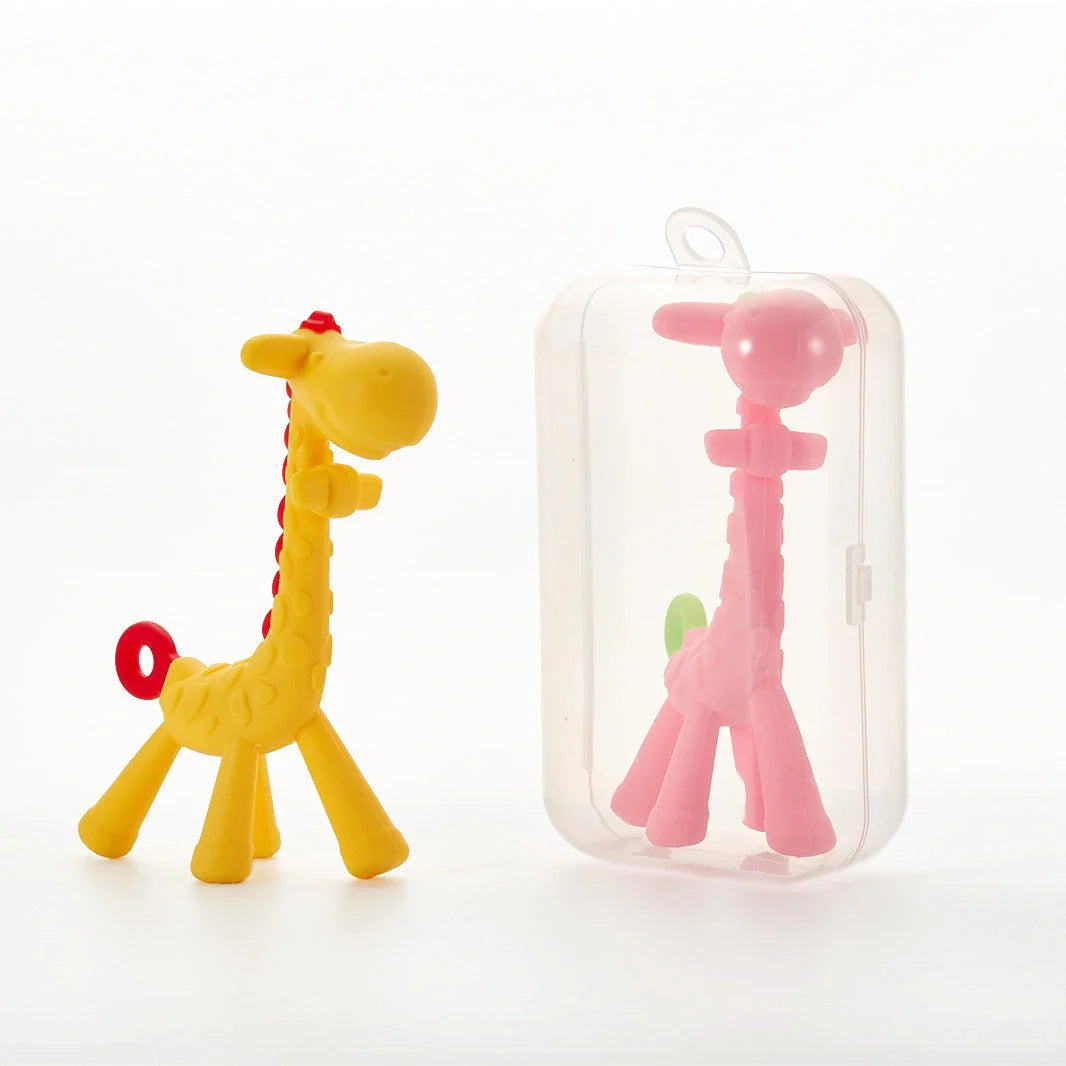 Premium silicone giraffe-shaped teething toy with multiple chewable parts to soothe sore gums