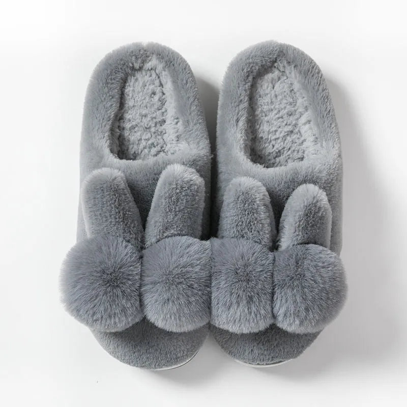 Bunny Fluffy Slippers with rabbit fur uppers in high-top design for winter, showing decorative flower details