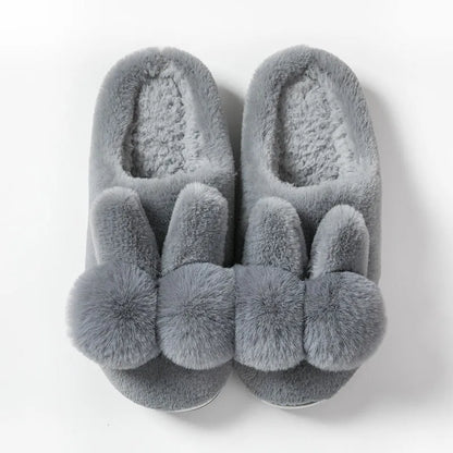 Bunny Fluffy Slippers with rabbit fur uppers in high-top design for winter, showing decorative flower details