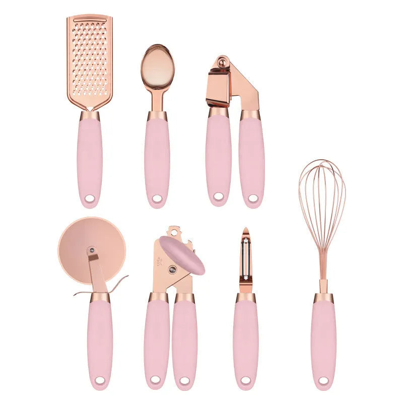 Rose gold stainless steel kitchen tool set with copper accents including peeler and utensils in six colour options