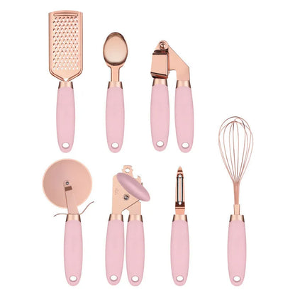 Rose gold stainless steel kitchen tool set with copper accents including peeler and utensils in six colour options