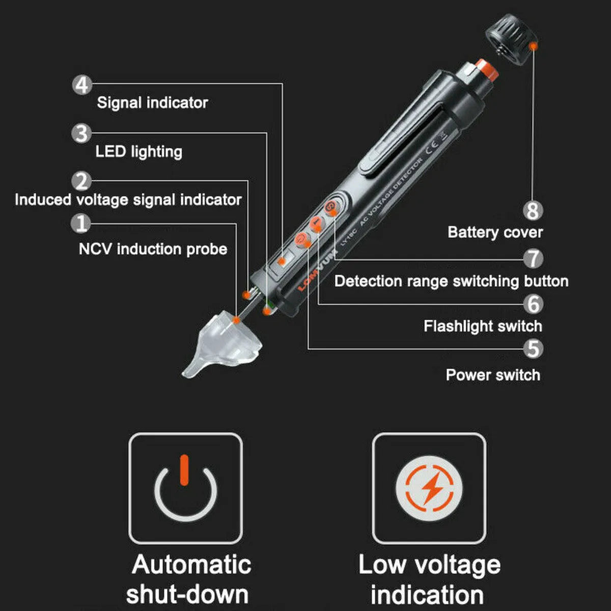 Black voltage detection pen with sensor tip for electrical line testing and status identification