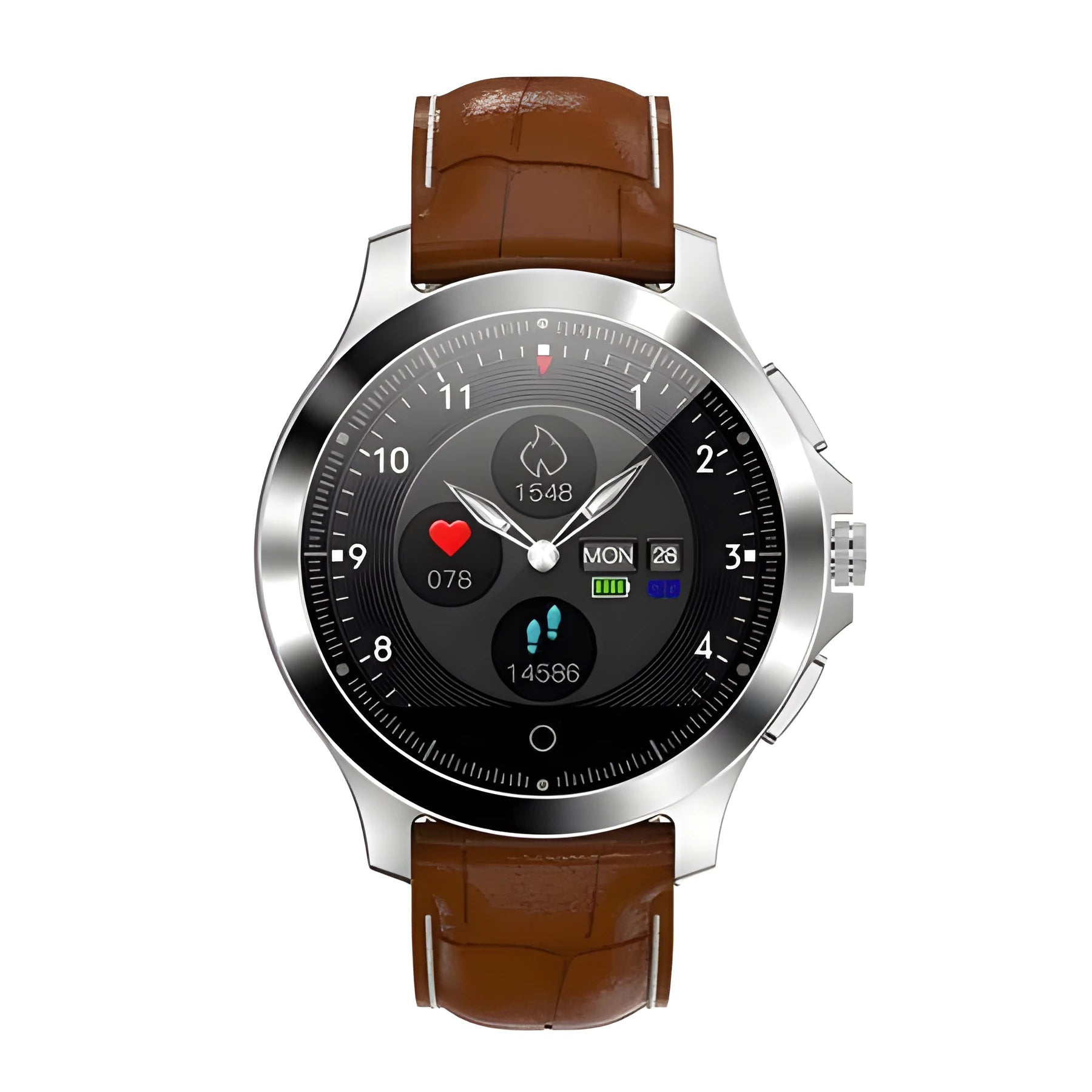 W8 ECG smart bracelet with metal stainless steel body, round colour screen, and TPU strap in black, brown, or coffee.