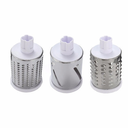 Round mandoline vegetable slicer with three stainless steel blades and a rubber suction base, in blue green colour.