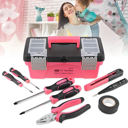 8-piece household tool kit with carbon steel tools in organised 10-inch toolbox including screwdrivers and test pencil
