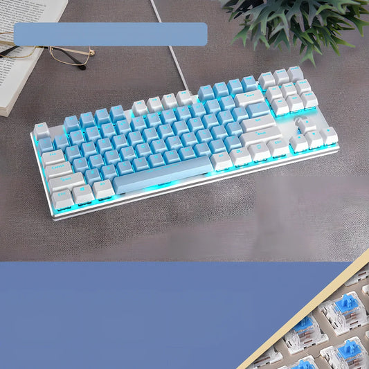 87-key mechanical gaming keyboard with blue and white design, USB cable, multiple switch options including black, green, red, and tea axes
