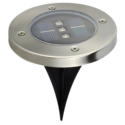 Stainless steel solar garden light measuring 11.5x11.5x13cm with automatic dusk operation