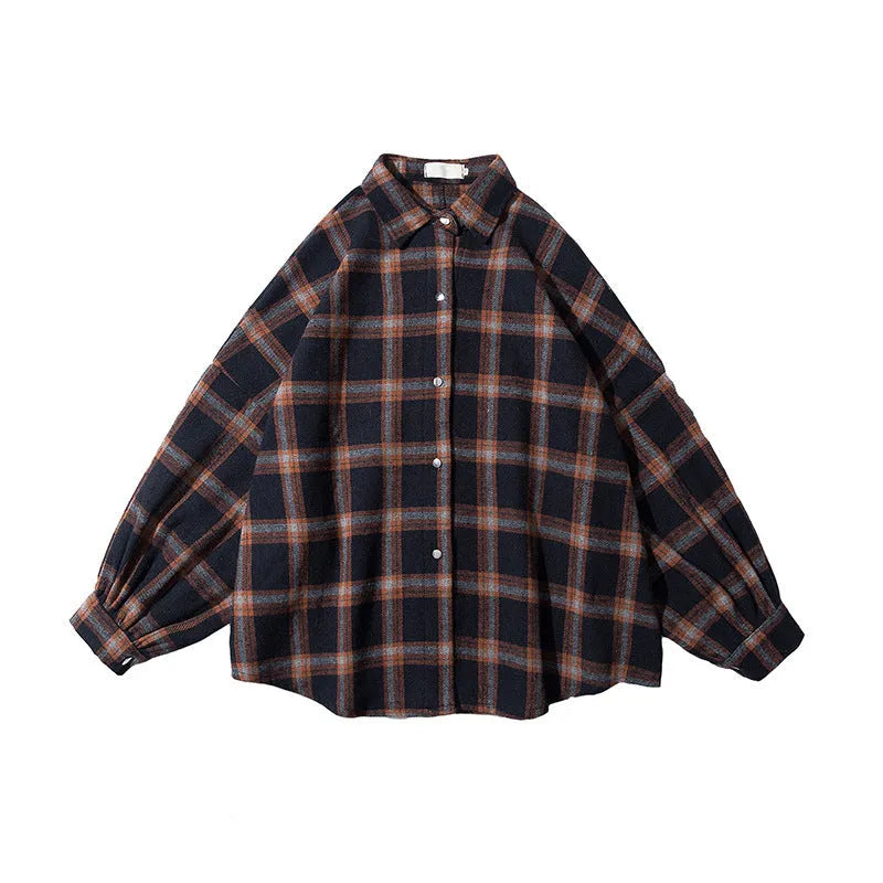 Men's plaid casual long sleeve shirt, cotton, loose fit, square collar, blue brown or grey, sizes L to 5XL