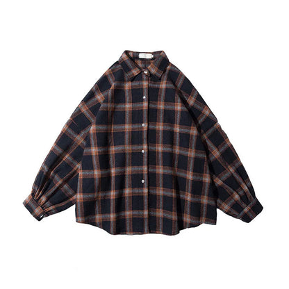 Men's plaid casual long sleeve shirt, cotton, loose fit, square collar, blue brown or grey, sizes L to 5XL
