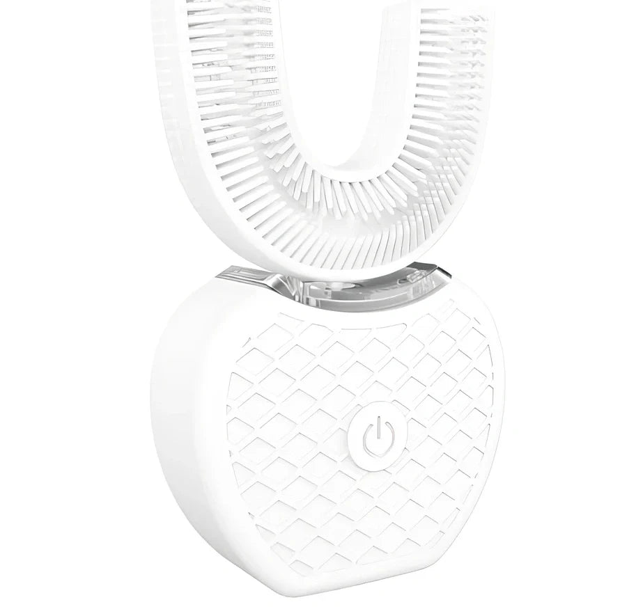 Black ultrasonic electric toothbrush with U-shaped design showing magnetic charging base and USB cable