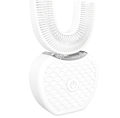 Black ultrasonic electric toothbrush with U-shaped design showing magnetic charging base and USB cable