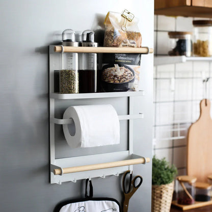 Magnetic Refrigerator Organizer with six hooks, wooden crossbar, and sleek matte metal finish