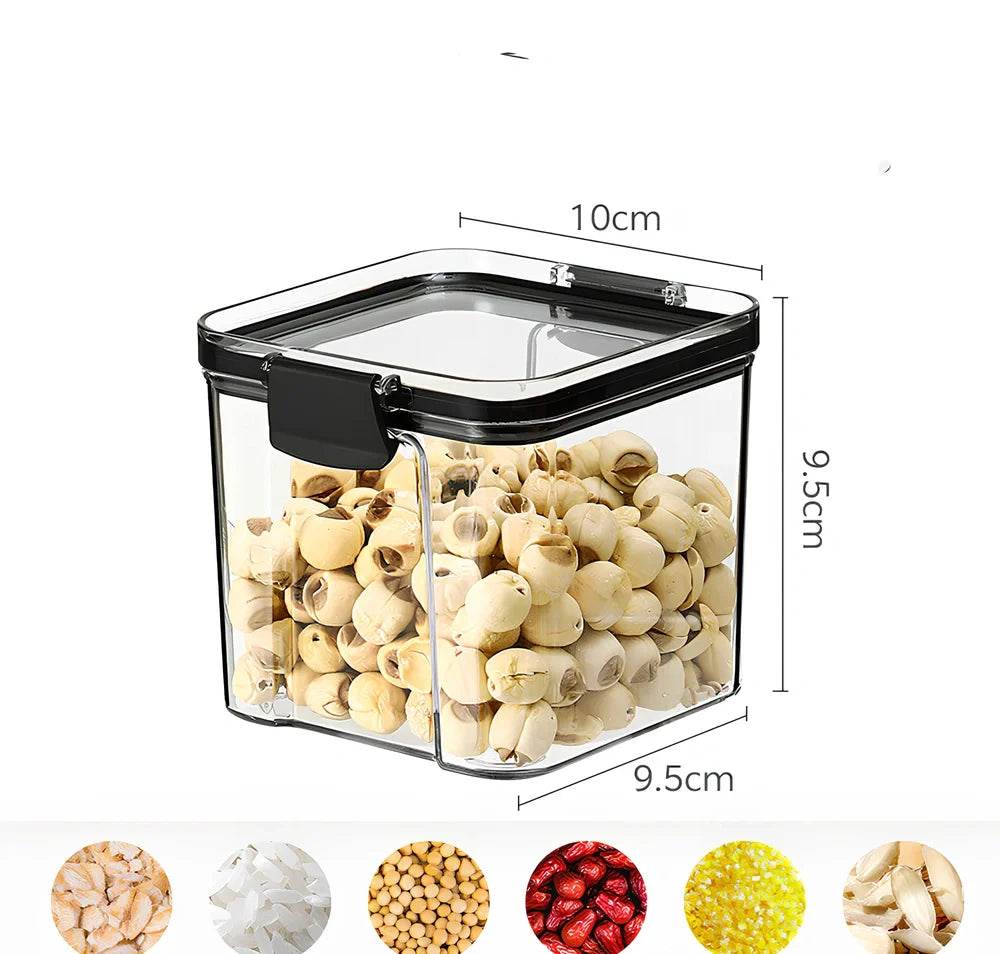 Square clear kitchen storage jar box for pantry organisation with cereals visible inside