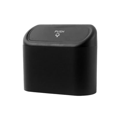 Black plastic folding car trash can mounted on vehicle seat back
