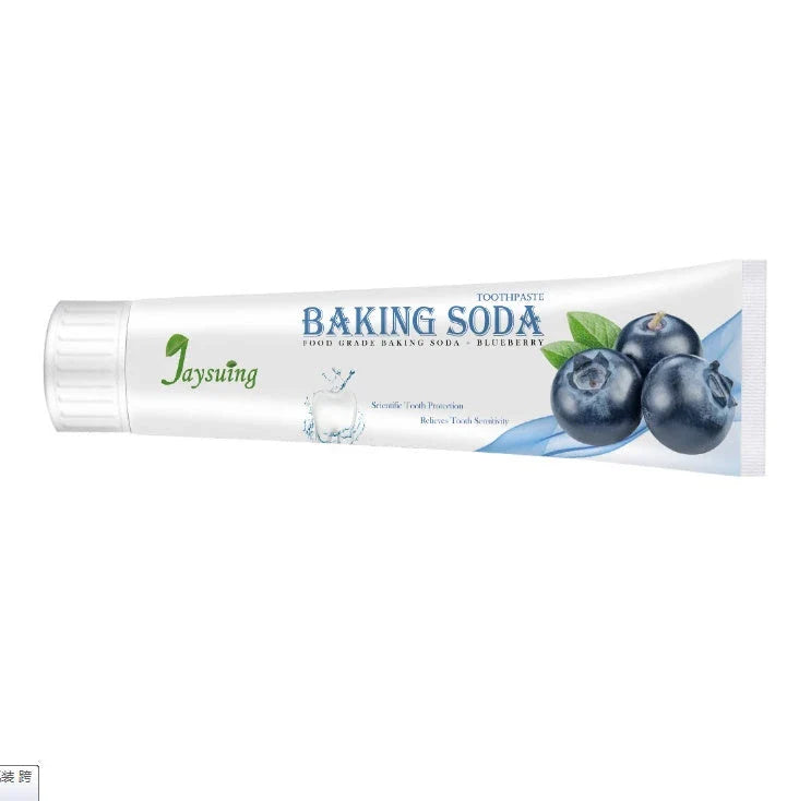 Whitening blueberry toothpaste in a variety of color and pack options, featuring baking soda and natural ingredients for a clean, fresh smile.